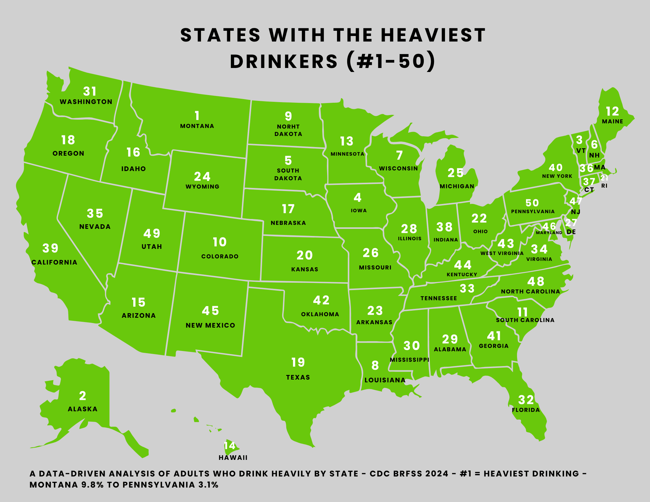 Map of all 50 U.S. states ranked: States with the Heaviest Drinkers