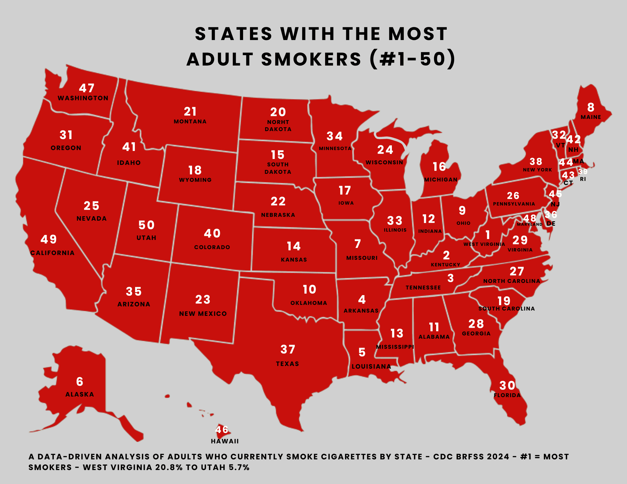Map of all 50 U.S. states ranked: States with the Most Adult Smokers