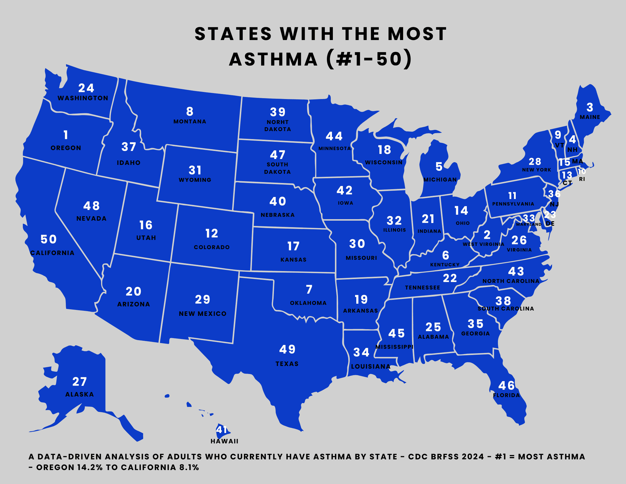 Map of all 50 U.S. states ranked: States with the Most Asthma