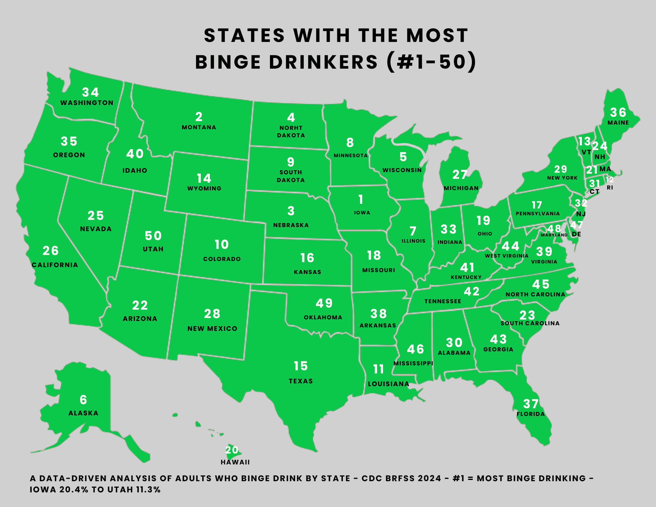 Map of all 50 U.S. states ranked: States with the Most Binge Drinkers